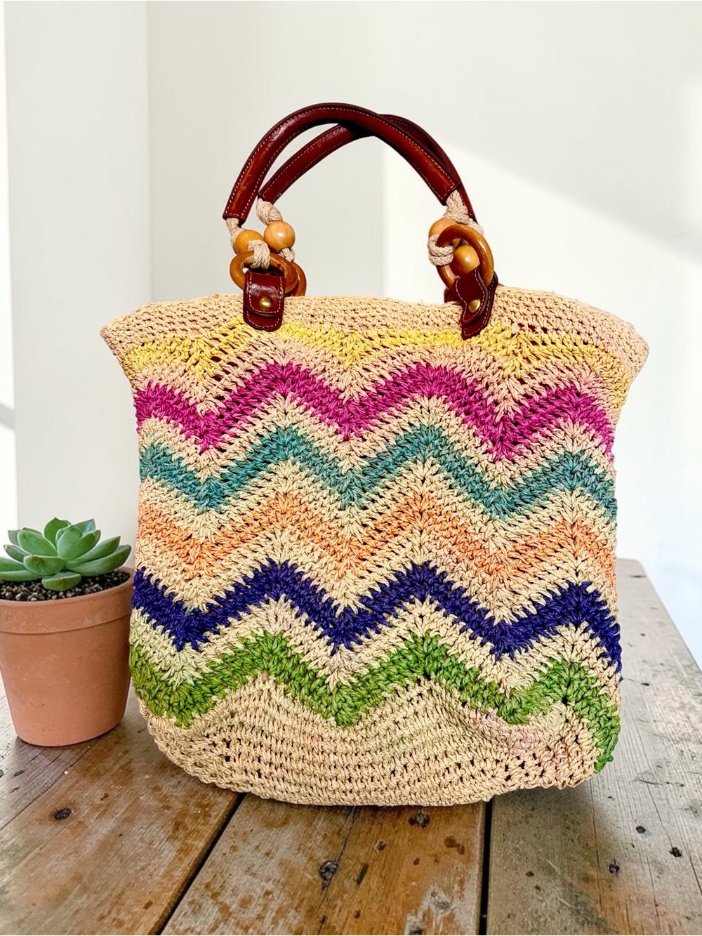 Fossil Straw Tote Bag Chevron Colorful Wood Handle Shoulder Bag Large
